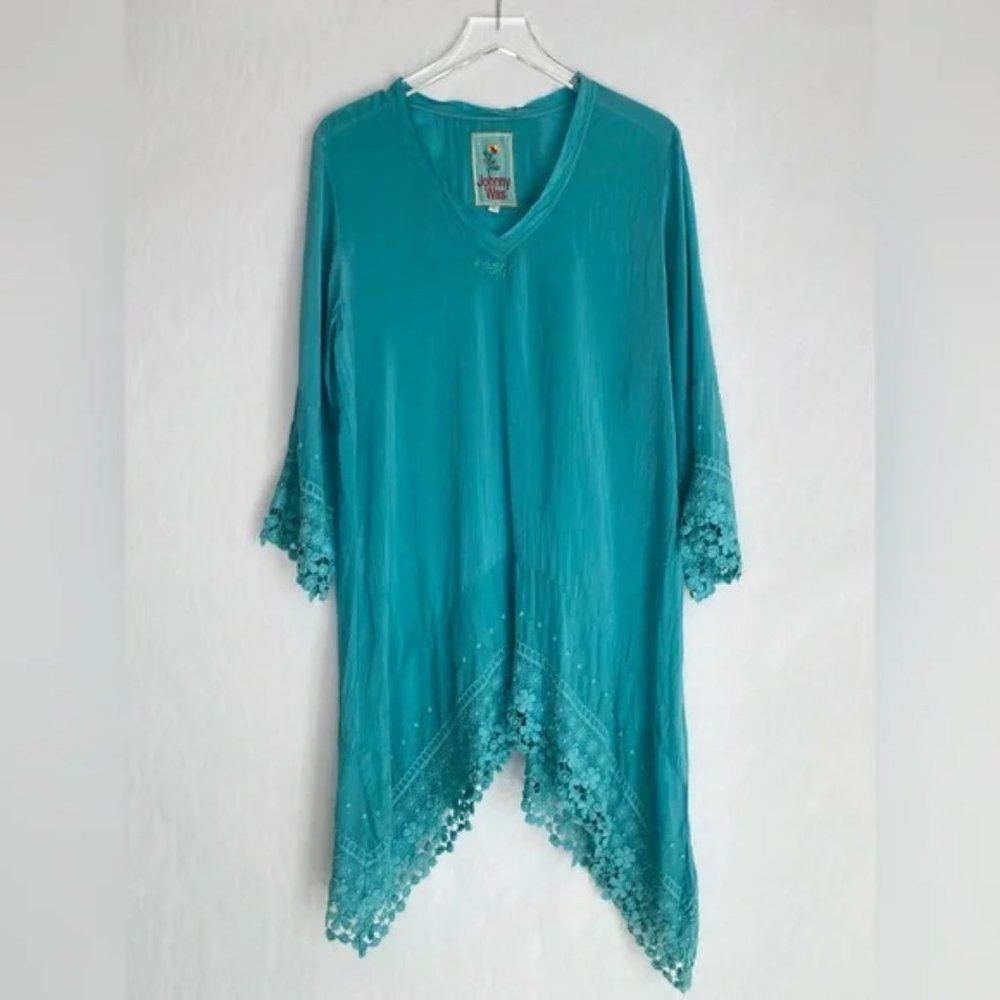 Johnny Was Asymmetrical Tunic Top Shirt Blouse Teal Aqua Green Size L